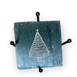 New Slate Tile Silver Christmas Tree Coaster Set